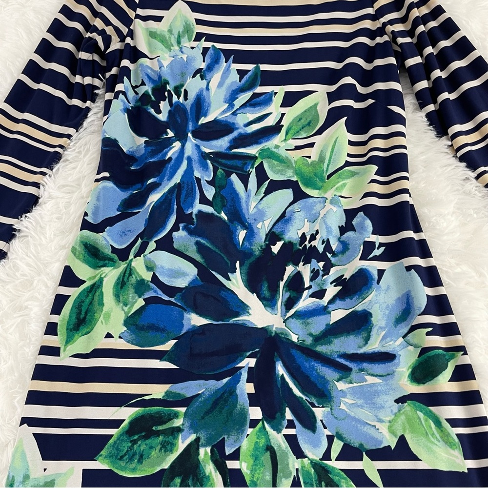 VINCE CAMUTO Navy Blue Striped Iris Dress Women’s Size 8 3/4 Sleeve Zip Back - Picture 3 of 7
